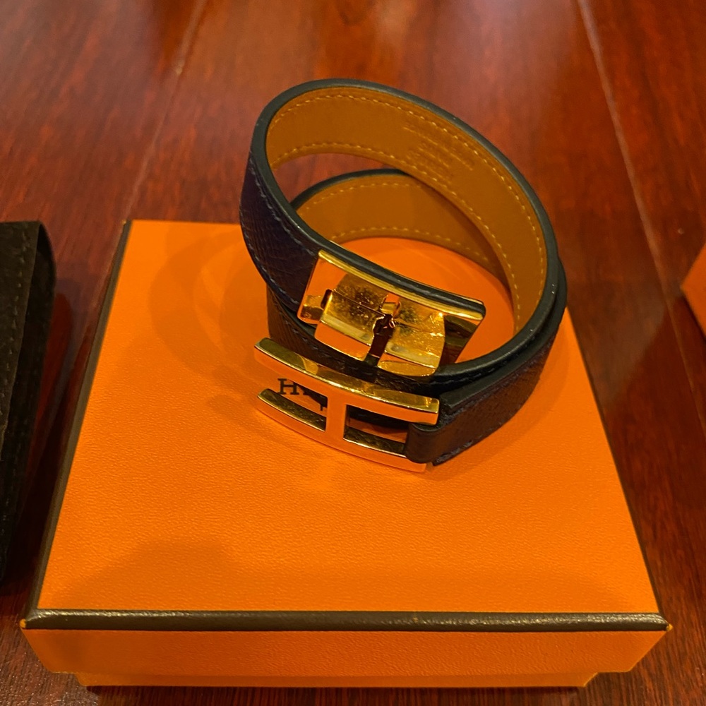 Hermès drag double tour leather gold H bracelet